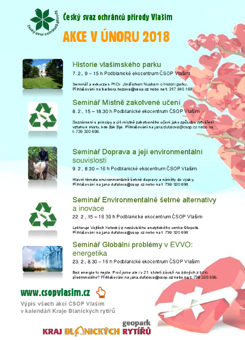 Kalendář únorových akcí ČSOP Vlašim